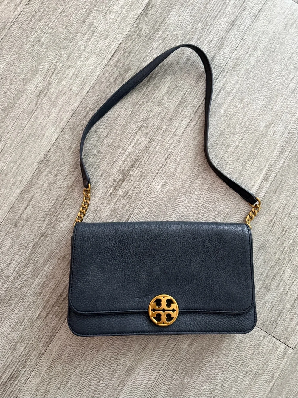 Tory Burch Black Leather Crossbody Bag with Gold Accent